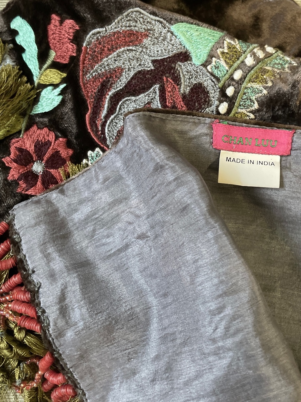 Chan Luu | Embroidered Velvet Floral Scarf w/ Beaded Fringe ♥ Price is FIRM - Picture 6 of 8